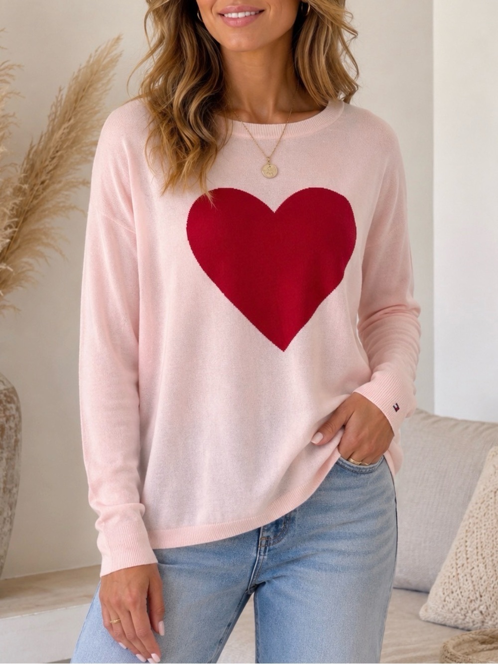 Tommy Hilfiger L Cotton Heart Sweater Pink Lightweight Knit Crewneck Pullover